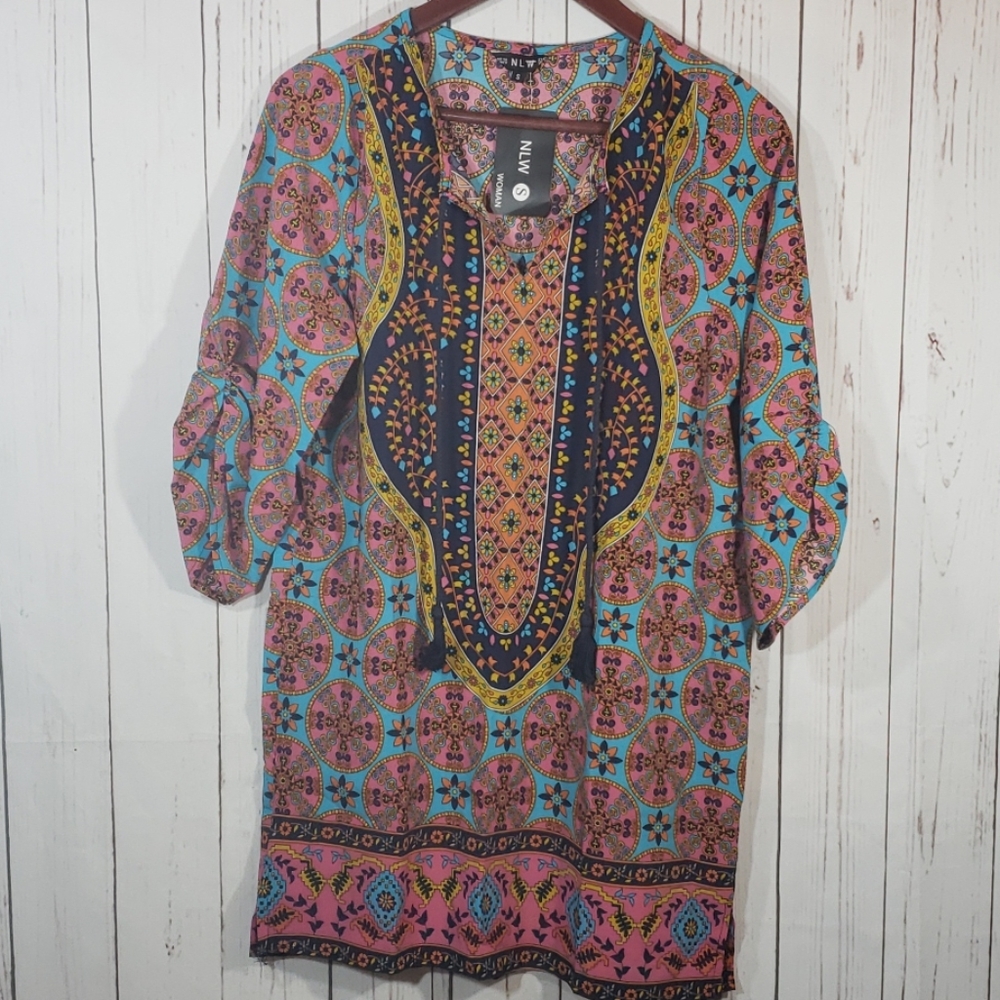 NLW Multicolor print Peasant tunic top size Small